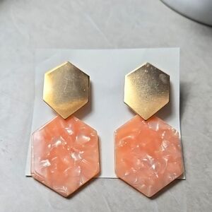 Hexagonal Gold Tone  Peach Drop Earrings